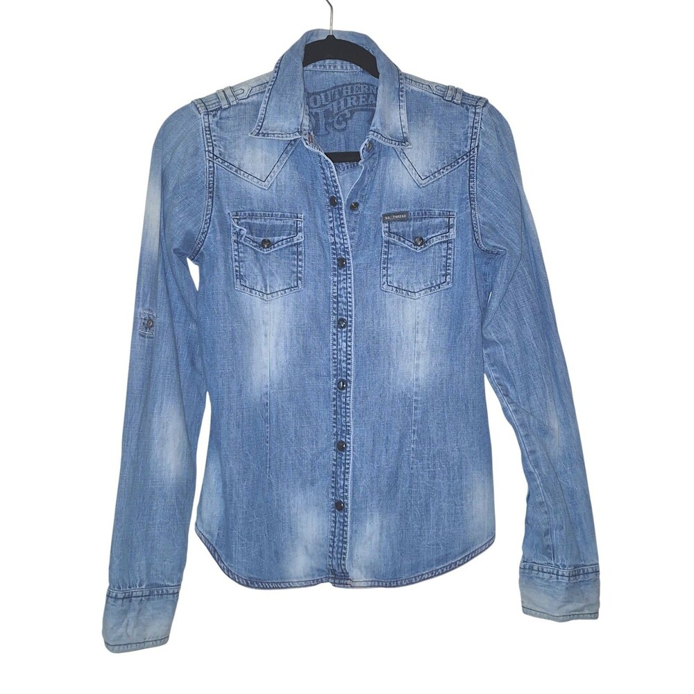 Southern Thread Pearl Snap Western Zip Up Back Long Sleeve Roll Tab Shirt Med